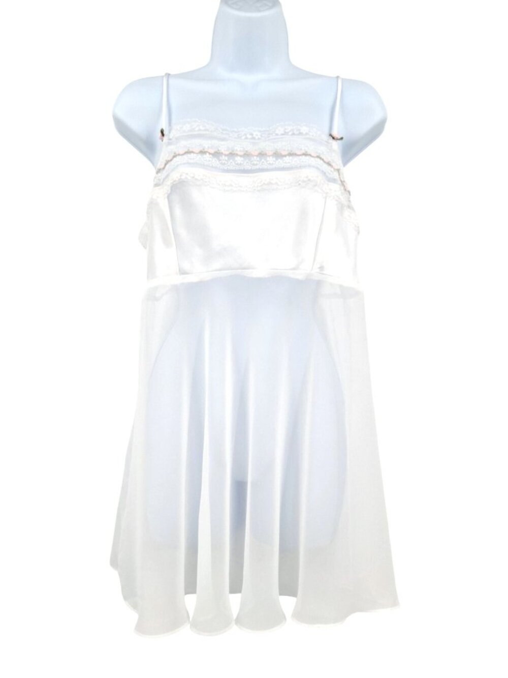 California Miss White Sheer Babydoll Nightgown Chemise Size Medium Lace Trim VTG